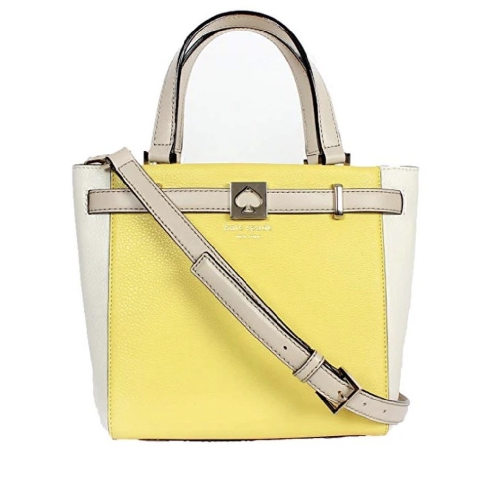 Kate Spade Yellow&White Houston Street Leo Pebbled Leather Satchel Crossbody Bag
